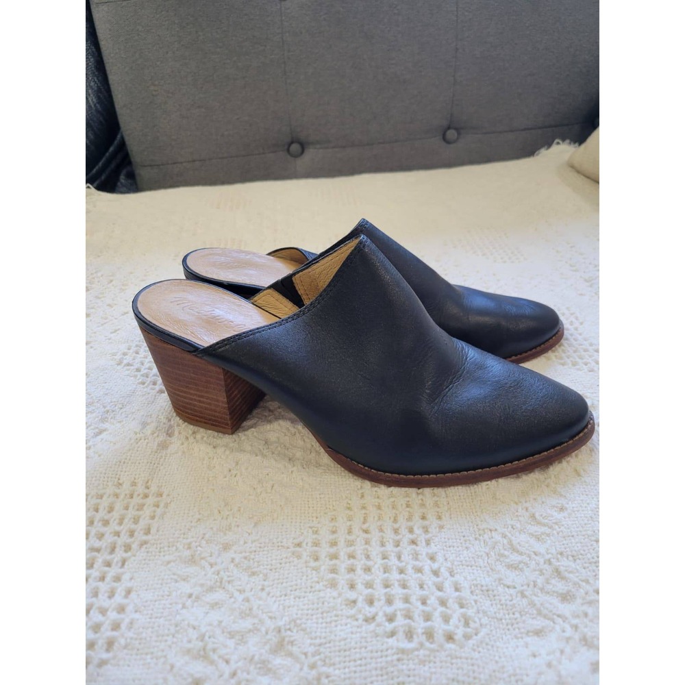 Madewell Black Leather Pointed Toe Block Heel Mules Slip On Shoes Size 9.5 - Picture 3 of 13